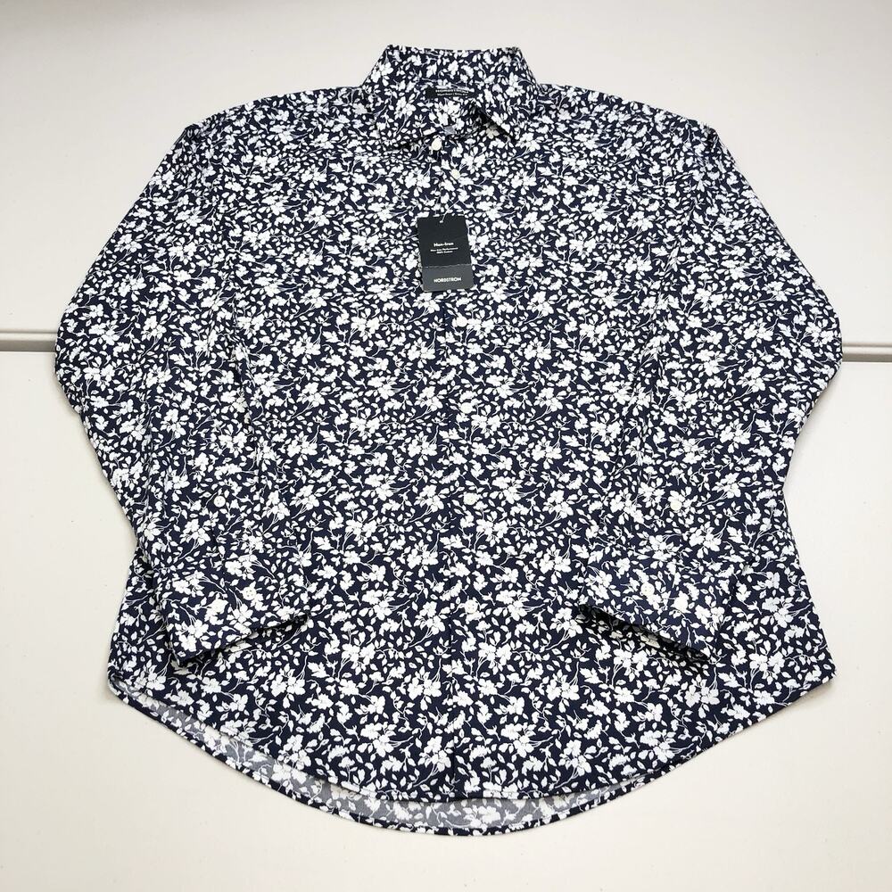 Nordstrom Dress Shirt Mens Non Iron Trim Fit Floral Black White Size 16 32-33